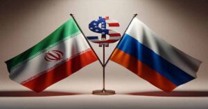 DALL·E 2023 12 09 00.49.56 A simple and clear representation of a geopolitical standoff. On the left side the flags of Iran and Russia are displayed standing tall and side by