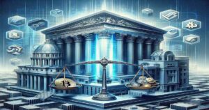 DALL·E 2023 12 15 23.04.24 A digital illustration representing the legal conflict between Coinbase and the SEC. The image shows a large imposing courthouse with classical archi 1