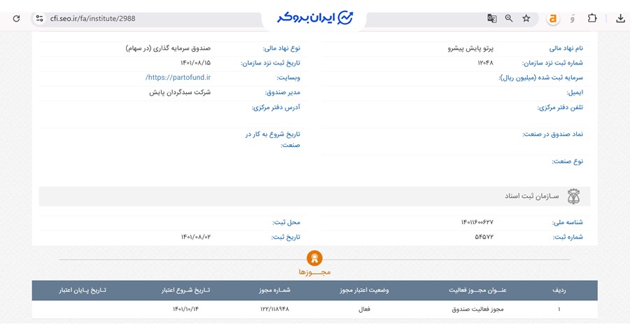 اطلاعات ثبتی صندوق پرتو پایش پیشرو