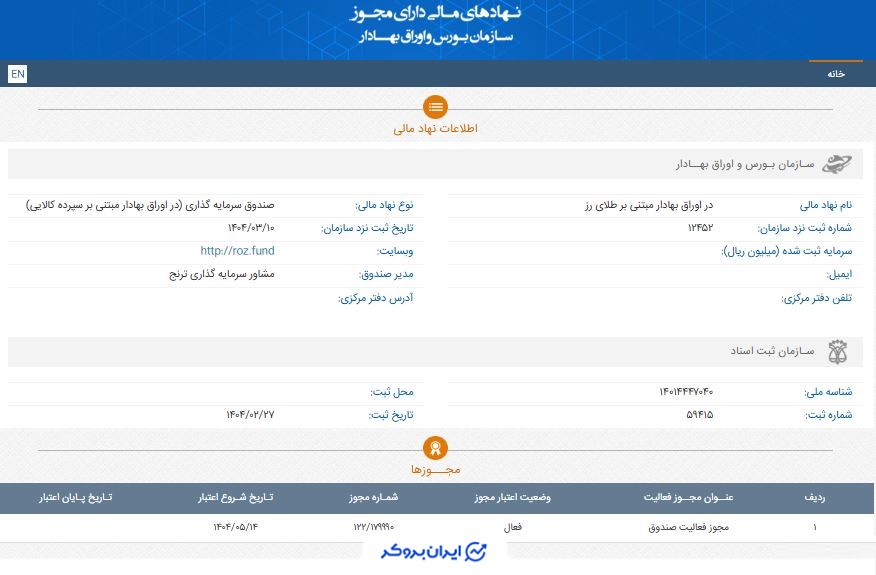 اطلاعات ثبتی صندوق طلای رز