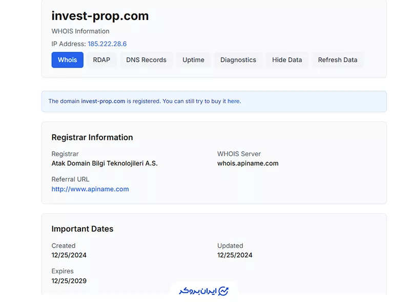 اطلاعات Whois اینوست پراپ